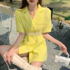 Faux Pearl Cropped Camisole / Short-sleeve Double-breasted Mini Collared Dress