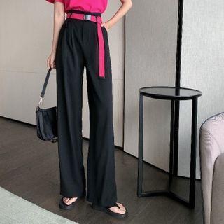 Short-sleeve Plain T-shirt / Wide-leg Pants With Belt