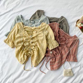 Plaid Drawstring Fold Top
