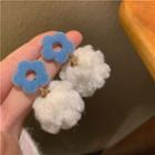 Floral Pom Pom Drop Earring 1 Pair - Silver Needle - Blue & White - One Size