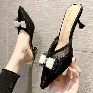 Pointed Glitter Bow Mesh Flared Heel Mules