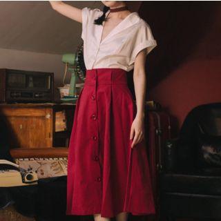 Set: Short-sleeve Cuffed Plain Blouse + Single-breasted Maxi Dress