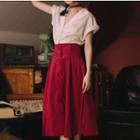 Set: Short-sleeve Cuffed Plain Blouse + Single-breasted Maxi Dress