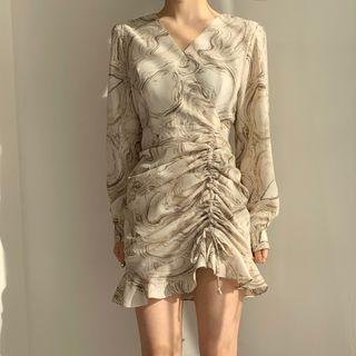 Printed Ruffle Hem Long-sleeve Mini Sheath Dress
