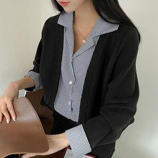 Inset Notch-collar Stripe Shirt Cardigan