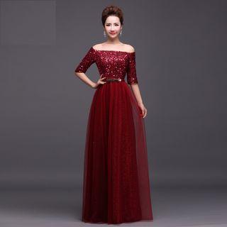 Sequined Off Shoulder A-line Evening Gown