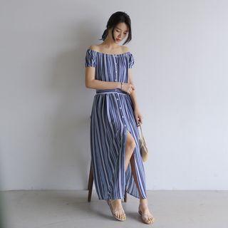 Off-shoulder Pattern Buttoned Long Dress With Sash