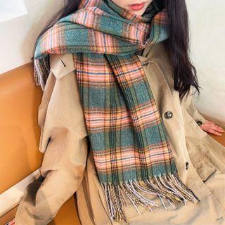Plaid Fringed Scarf Plaid - Tangerine & Green - One Size