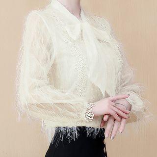 Fringed Trim Tie-neck Blouse