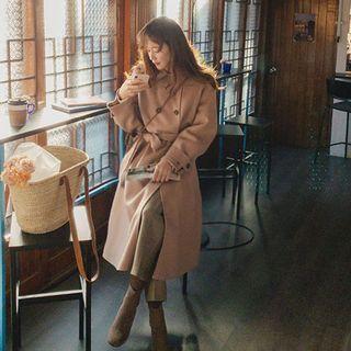 Double-breasted Wool Blend Long Coat With Sash Light Pink - One Size