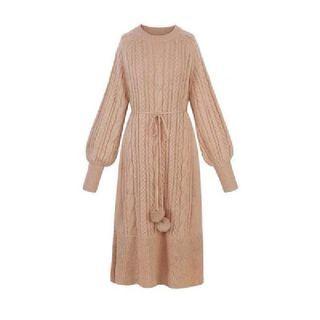 Lantern-sleeve Cable Knit Midi A-line Sweater Dress