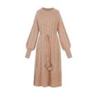 Lantern-sleeve Cable Knit Midi A-line Sweater Dress