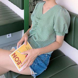 V-neck Ruched Gingham Blouse