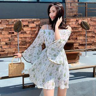 Long-sleeve Cold Shoulder Floral Chiffon A-line Mini Dress