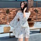 Long-sleeve Cold Shoulder Floral Chiffon A-line Mini Dress