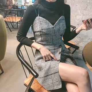 Set: Knit Top + Plaid Mini Wrap Dress