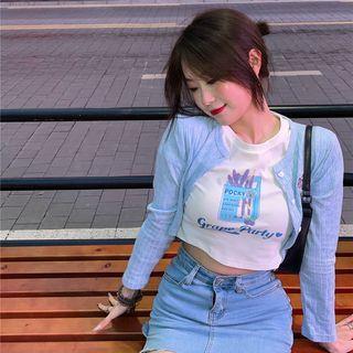 Long-sleeve Badge Cardigan / Short-sleeve Print Cropped T-shirt