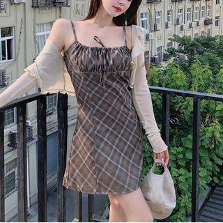 Lettuce Edge Cardigan / Plaid Spaghetti Strap A-line Dress