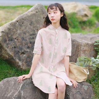 Short-sleeve Leaf Print Striped Mini Shirtdress