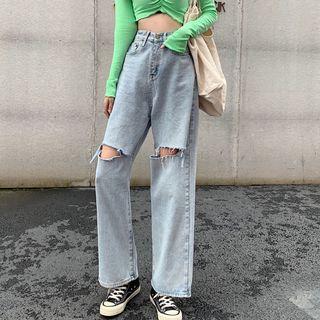 High-waist Ripped Wide-leg Denim Pants