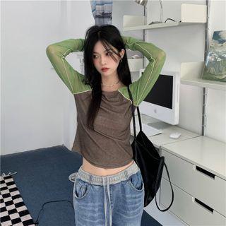 Long-sleeve Cropped Raglan T-shirt Brown - One Size