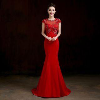 Embellished Cap-sleeve Mermaid Evening Gown