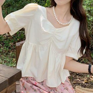 Short-sleeve Plain Flowy Blouse Almond - One Size