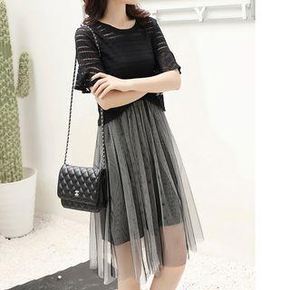 Set: Striped Short Sleeve T-shirt + Spaghetti Strap Mesh Dress
