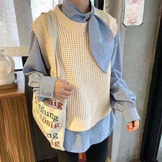 Bow-accent Long-sleeve Loose-fit Blouse / Plain Knit Vest
