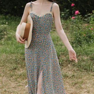 Set: Light Jacket + Spaghetti Strap Floral Dress