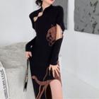 Long-sleeve Cut-out Printed Knit Midi Sheath Dress