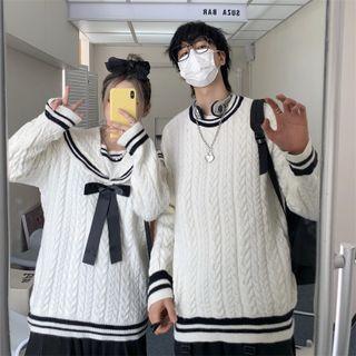 Couple Matching Plain Cable Knit Sweater / Sailor Collar Bow Sweater
