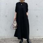 Long-sleeve Two-tone Panel Maxi A-line Dress Black - One Size