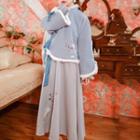 Set: Fluffy Trim Embroidered Jacket + Midi A-line Dress