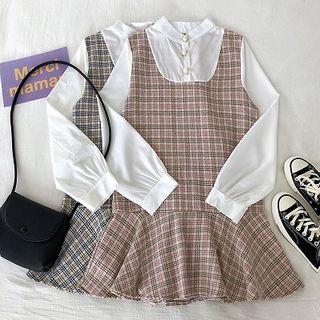 Mock Two-piece Panel Plaid Long-sleeve Dress