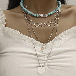 Heart Pendant Lettering Bead Layered Alloy Necklace 01 - Blue - One Size