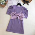 Set: Plain Short-sleeve Mini A-line Dress + Bow Cropped Camisole Top
