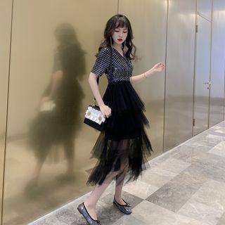 Gauze V-neck Stitching A-line Dress