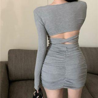 Long-sleeve Open-back Shirred Sheath Dress