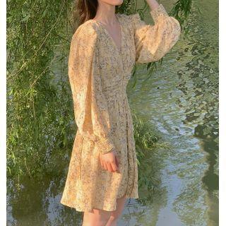 Long-sleeve Floral V-neck Midi Dress Yellow - One Size