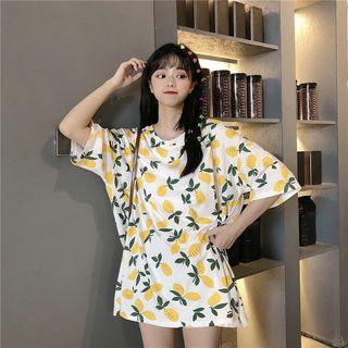 Lemon Printed Elbow-sleeve T-shirt As Shown In Figure - One Size