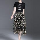 Set: Lettering Short-sleeve T-shirt + Floral Embroidered Midi Skirt