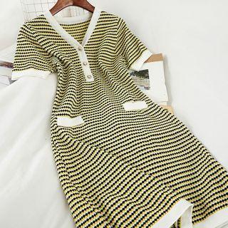 Striped Short-sleeve A-line Knit Dress Yellow - One Size