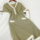 Striped Short-sleeve A-line Knit Dress Yellow - One Size