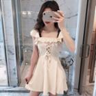 Cap-sleeve Lettering Lace-up A-line Mini Dress