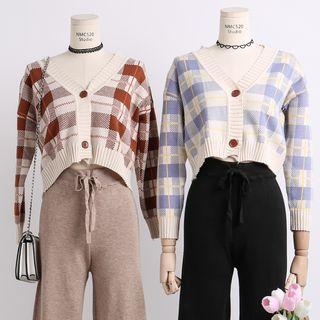 Lightweight Plaid Crop Knit Cardigan