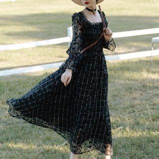 Plaid Mesh Long-sleeve Midi A-line Dress