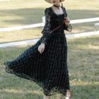 Plaid Mesh Long-sleeve Midi A-line Dress