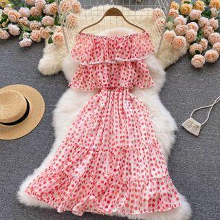 Off-shoulder Ruffle Dots Dress