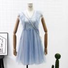Glitter Ruffled-trim Mesh Dress With Slipdress